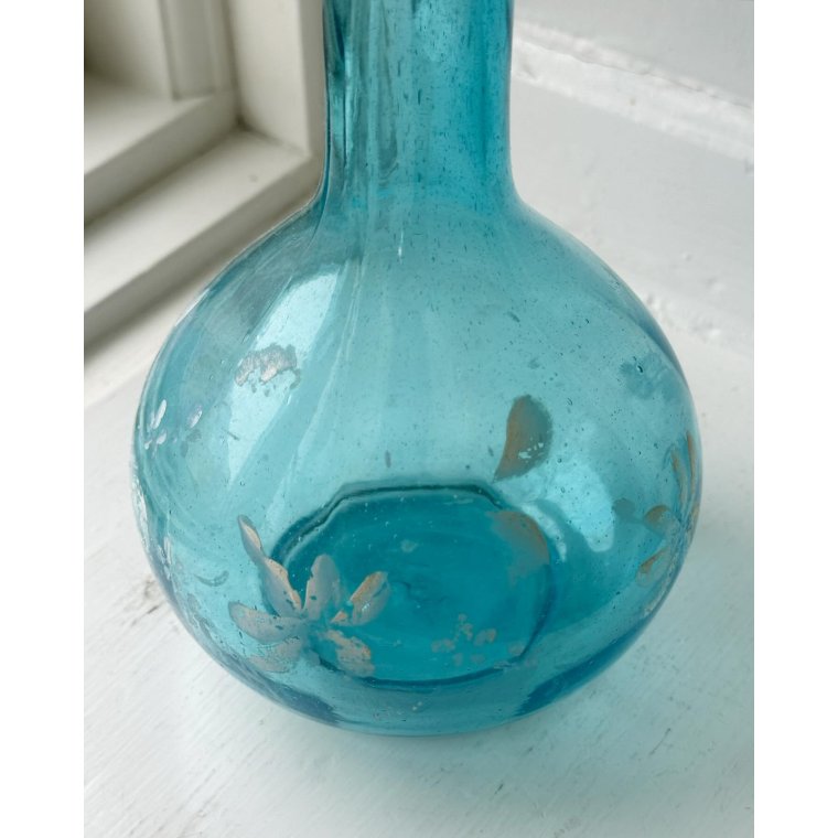 Carafe, blue glass w patinated decor