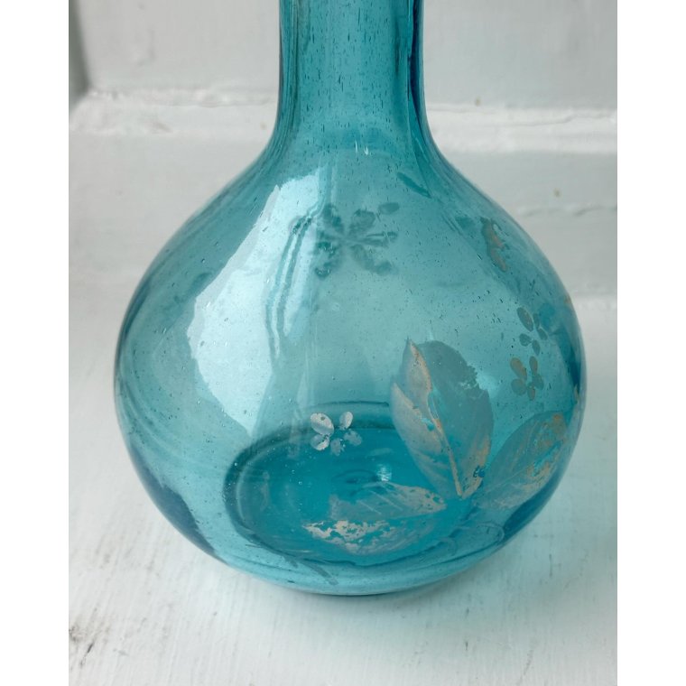 Carafe, blue glass w patinated decor