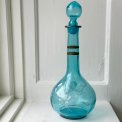 Carafe, blue glass w patinated decor