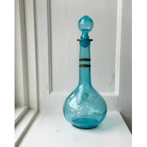 Carafe, blue glass w patinated decor