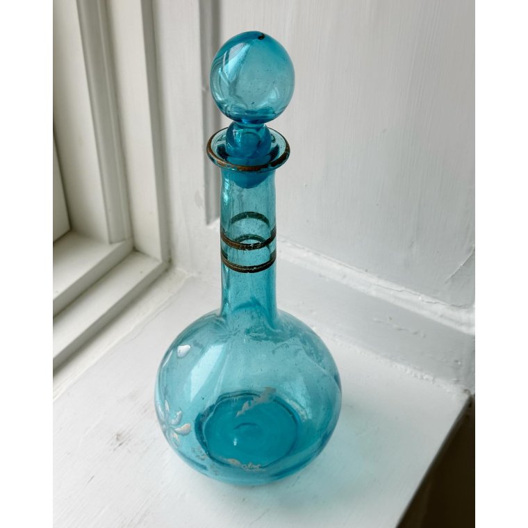 Carafe, blue glass w patinated decor