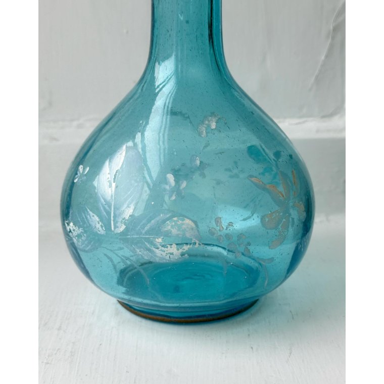Carafe, blue glass w patinated decor