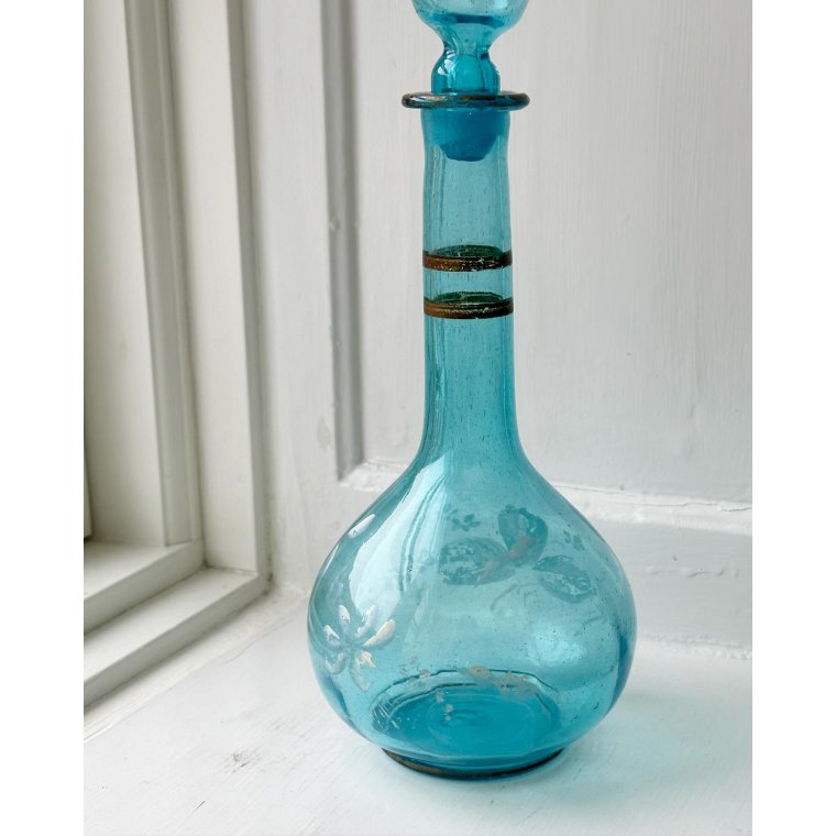 Carafe, blue glass w patinated decor