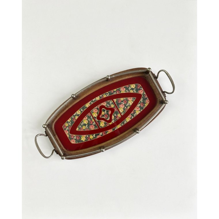 Antik trbakke m bemalet glasplade