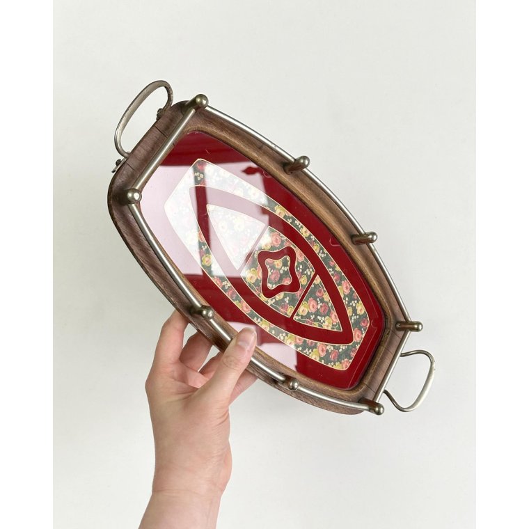 Antik trbakke m bemalet glasplade