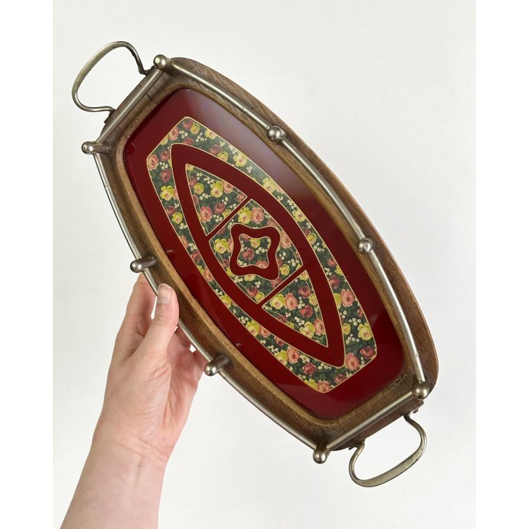 Antik trbakke m bemalet glasplade