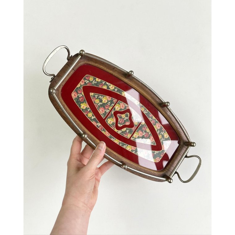 Antik trbakke m bemalet glasplade