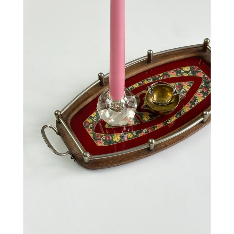 Antik trbakke m bemalet glasplade