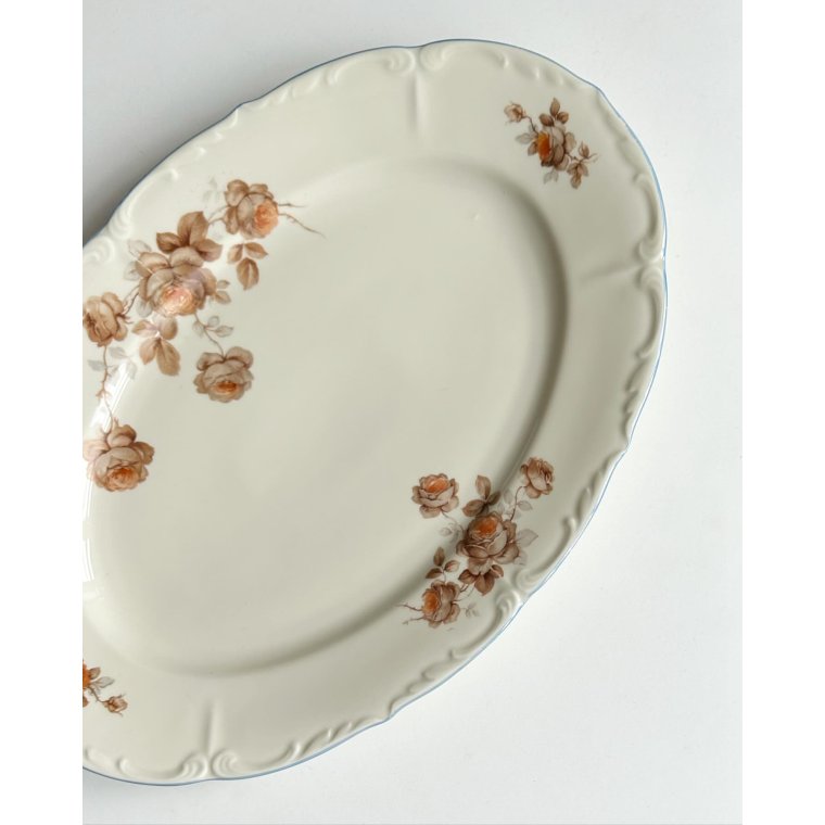 Fad, creme m orange blomster og bl kant