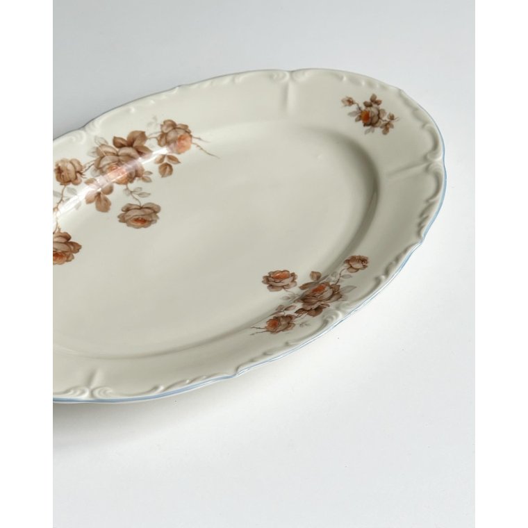 Fad, creme m orange blomster og bl kant