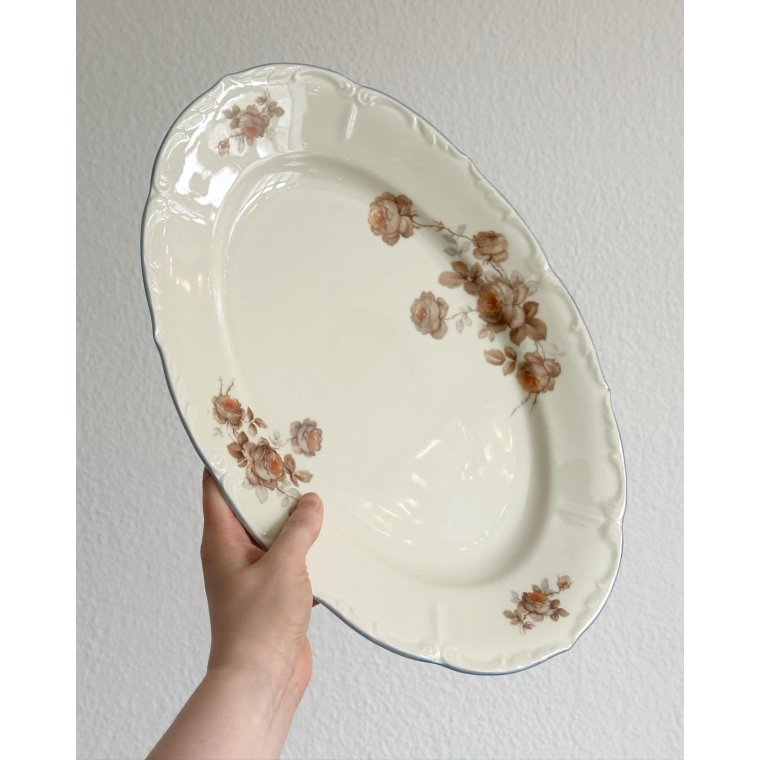 Fad, creme m orange blomster og bl kant