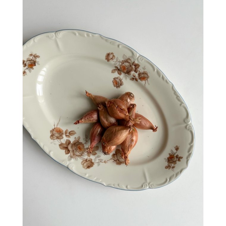 Fad, creme m orange blomster og bl kant