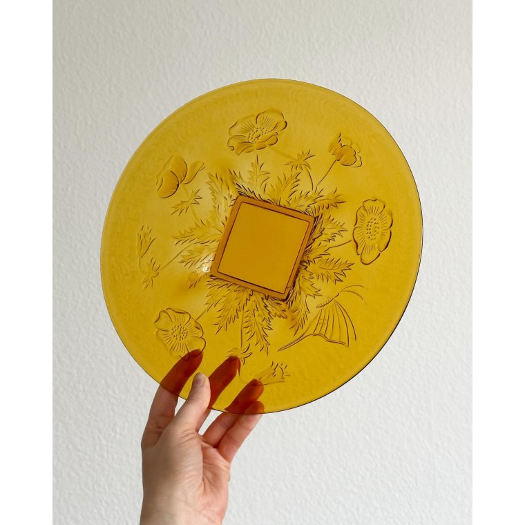 Round glass platter w flowers, amber