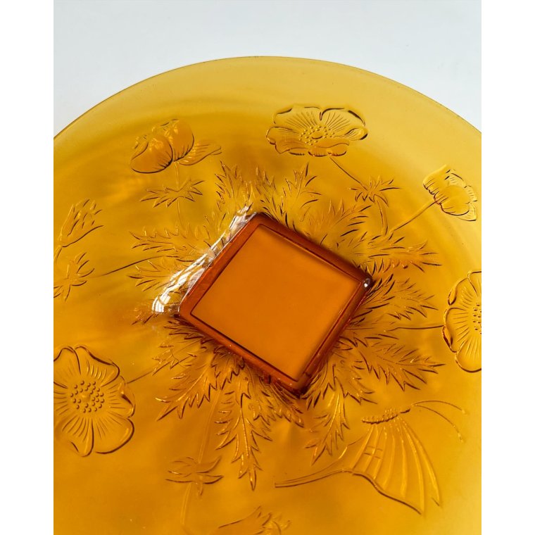 Round glass platter w flowers, amber