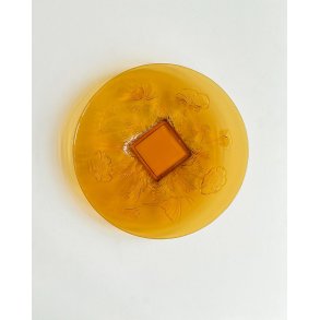 Round glass platter w flowers, amber
