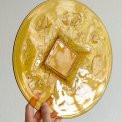 Round glass platter w flowers, amber