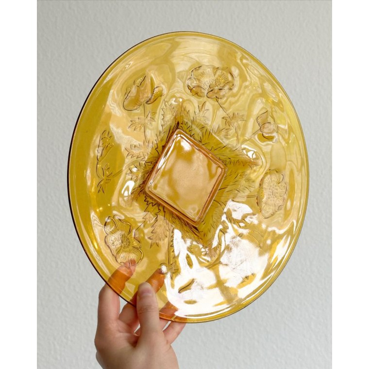 Round glass platter w flowers, amber