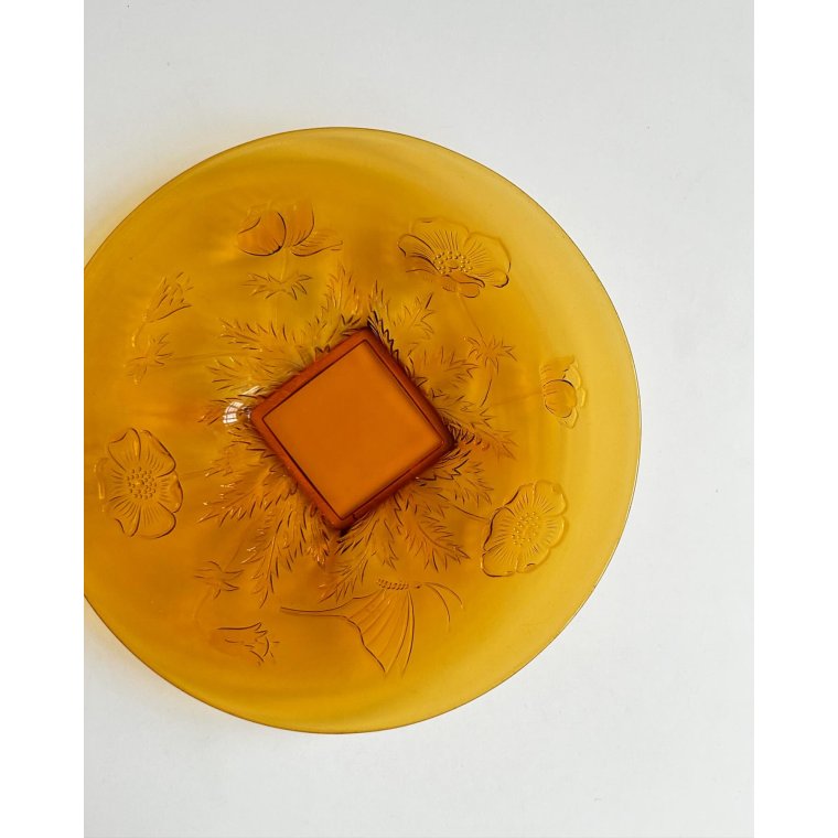 Round glass platter w flowers, amber