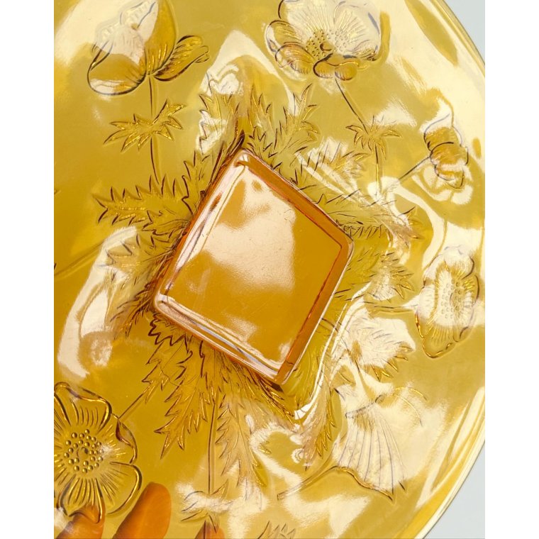 Round glass platter w flowers, amber