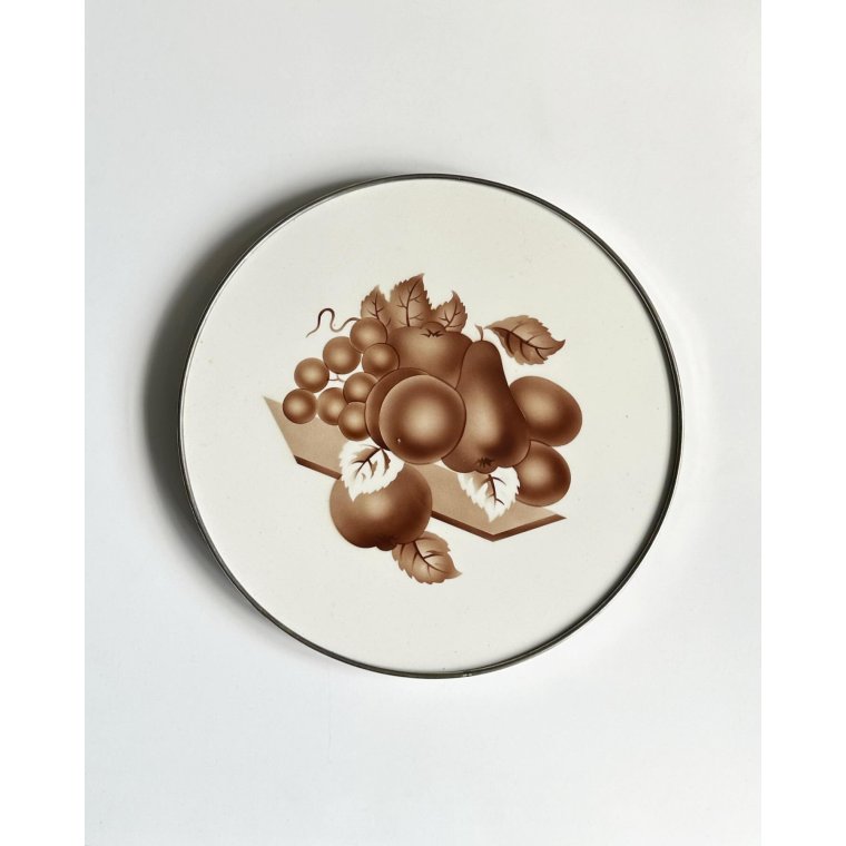 German faience platter w metal trim and fruit motif, NB