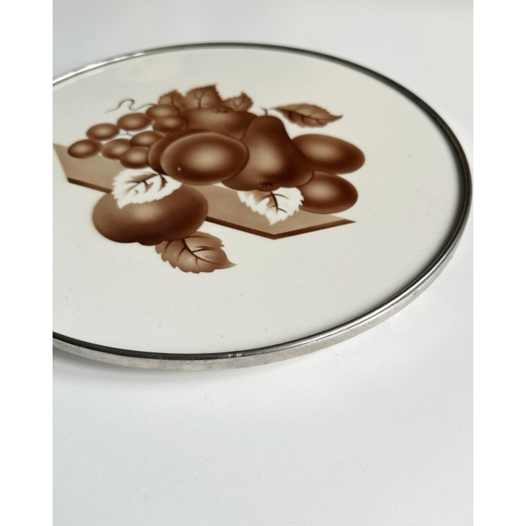 German faience platter w metal trim and fruit motif, NB