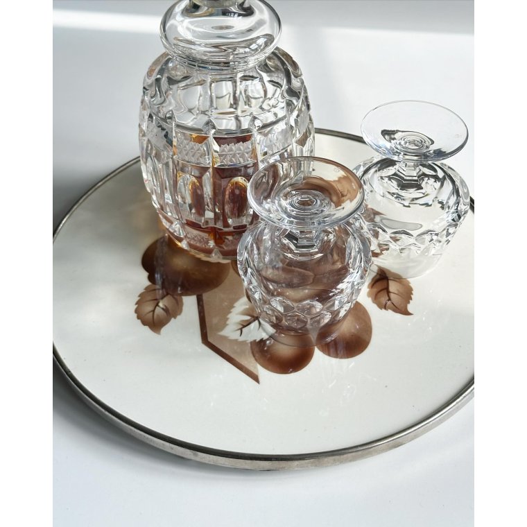 German faience platter w metal trim and fruit motif, NB