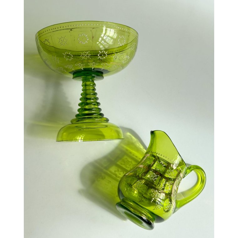 Opsats og kande, grnt glas, st