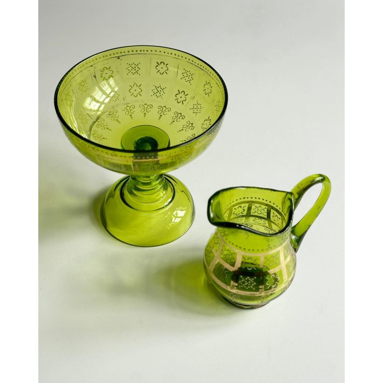 Opsats og kande, grnt glas, st