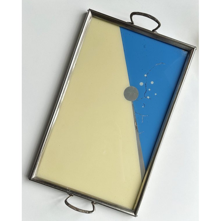 Art deco-bakke, bl og gul m krom/slv