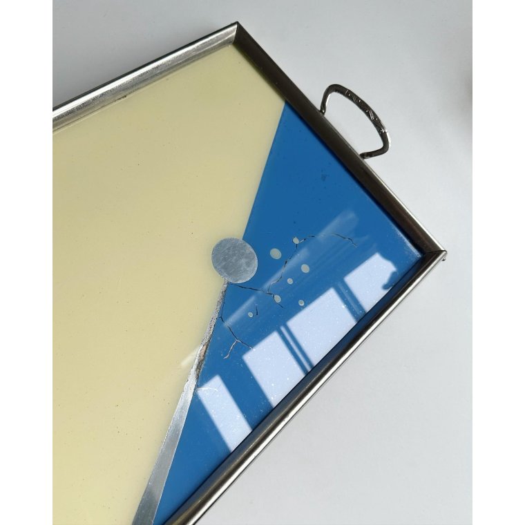 Art deco-bakke, bl og gul m krom/slv