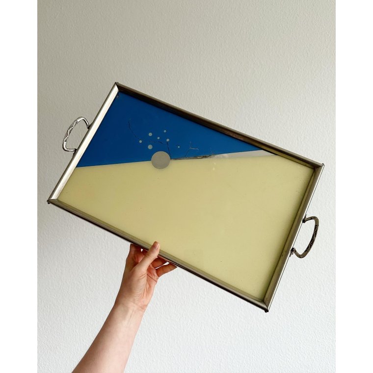 Art deco-bakke, bl og gul m krom/slv