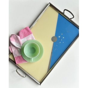 Art deco-bakke, bl og gul m krom/slv