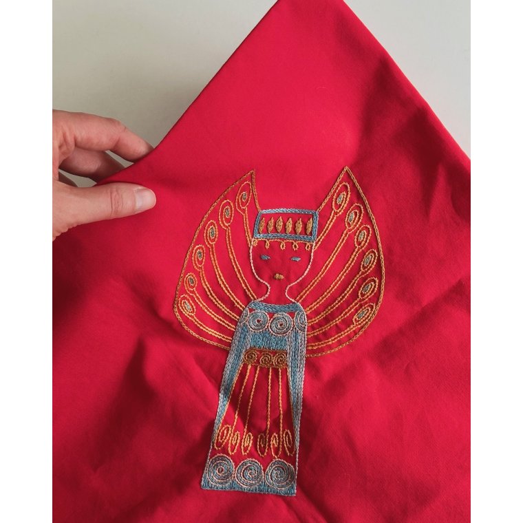 Rd juledug m engle, 85 x 85 cm