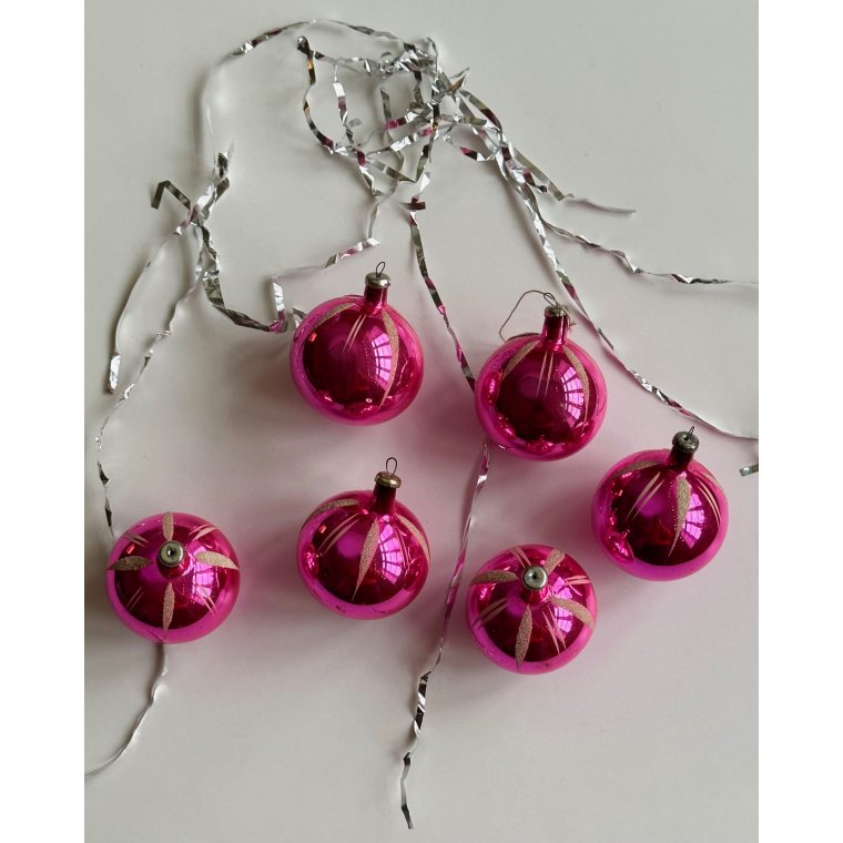 Vintage julekugler, pink, 6 stk samlet