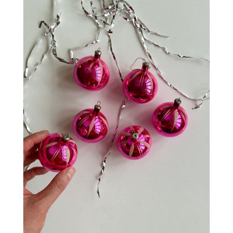Vintage julekugler, pink, 6 stk samlet