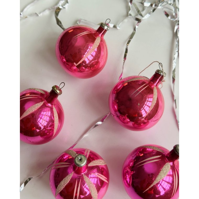Vintage julekugler, pink, 6 stk samlet