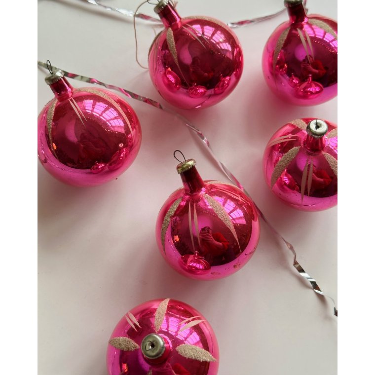 Vintage julekugler, pink, 6 stk samlet