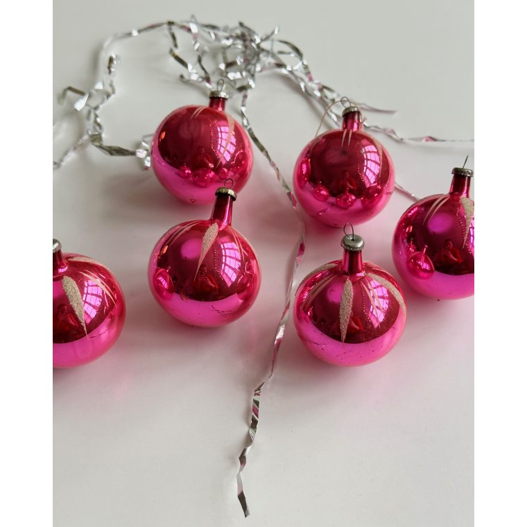Vintage julekugler, pink, 6 stk samlet