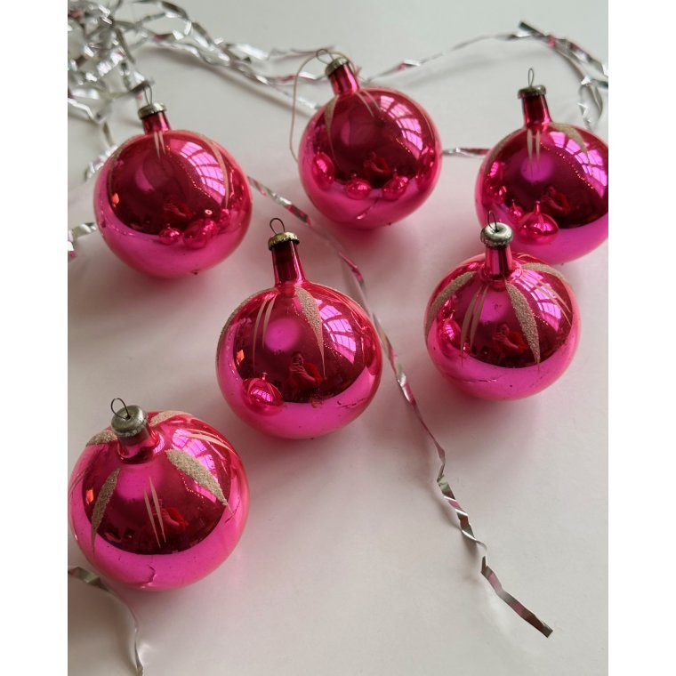 Vintage julekugler, pink, 6 stk samlet