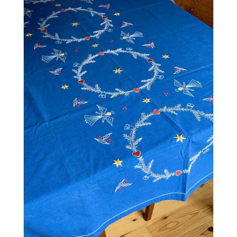 Bl juledug, hndbroderet, 184 x 119