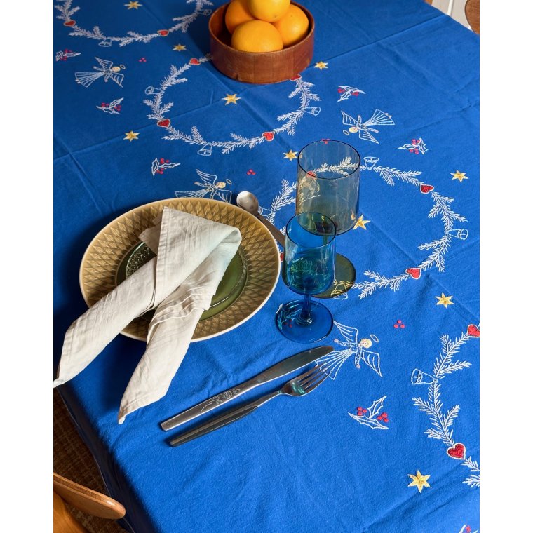 Bl juledug, hndbroderet, 184 x 119