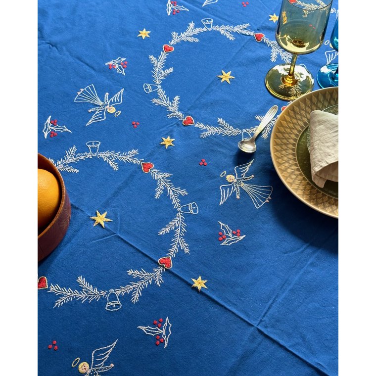 Bl juledug, hndbroderet, 184 x 119