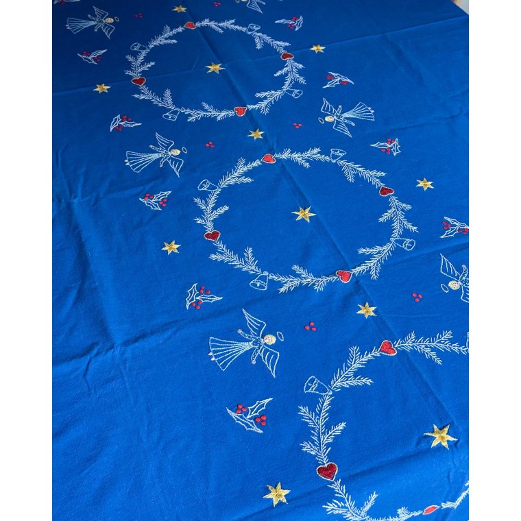 Bl juledug, hndbroderet, 184 x 119