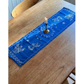 Hand embroidered table runner, blue w angels, 93 x 25 cm