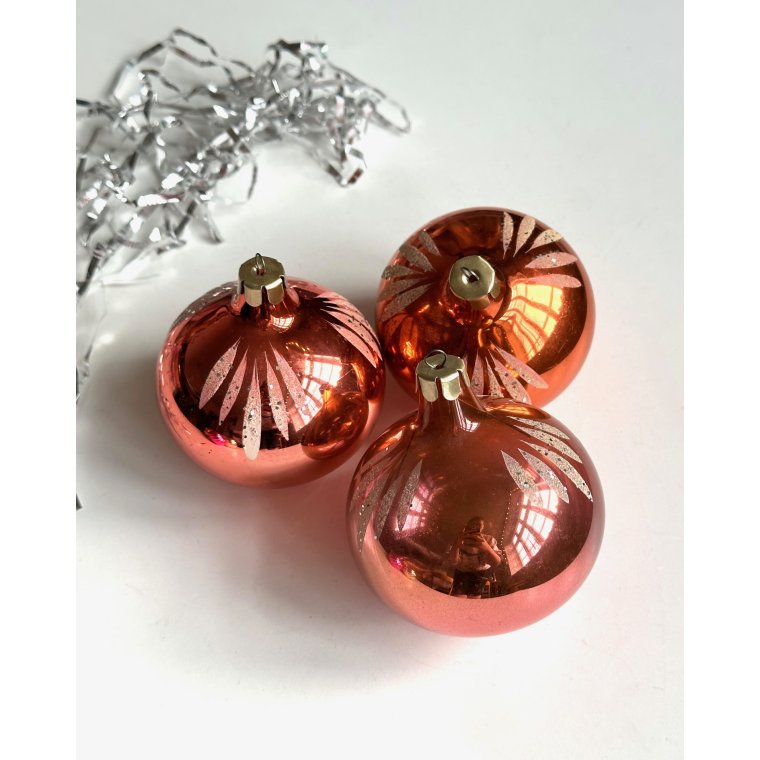 Big peach Christmas balls w glitter, set of 3
