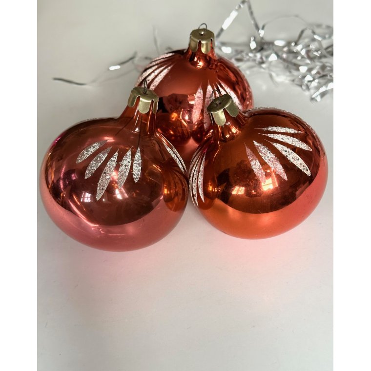 Big peach Christmas balls w glitter, set of 3
