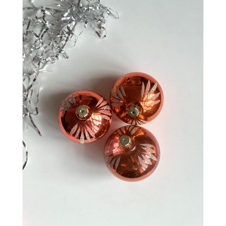Big peach Christmas balls w glitter, set of 3
