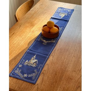 Hand embroidered table runner, blue w church, 120 x 21 cm