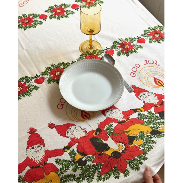 Retro Christmas tablecloth, elves and candles, creme, NB, 135 x 225 cm