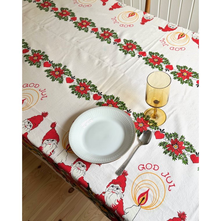 Retro Christmas tablecloth, elves and candles, creme, NB, 135 x 225 cm